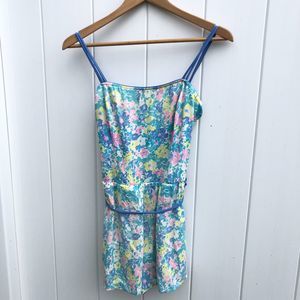 Vintage 70s Sea Waves Womens Size 10 Swim Suit Dress Blue Green Floral READ